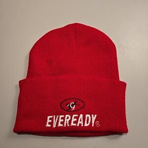 VTG Eveready Red Knit Cuff Beanie Hat OSFA Promo Logo Embroidery Streetwear GUC
